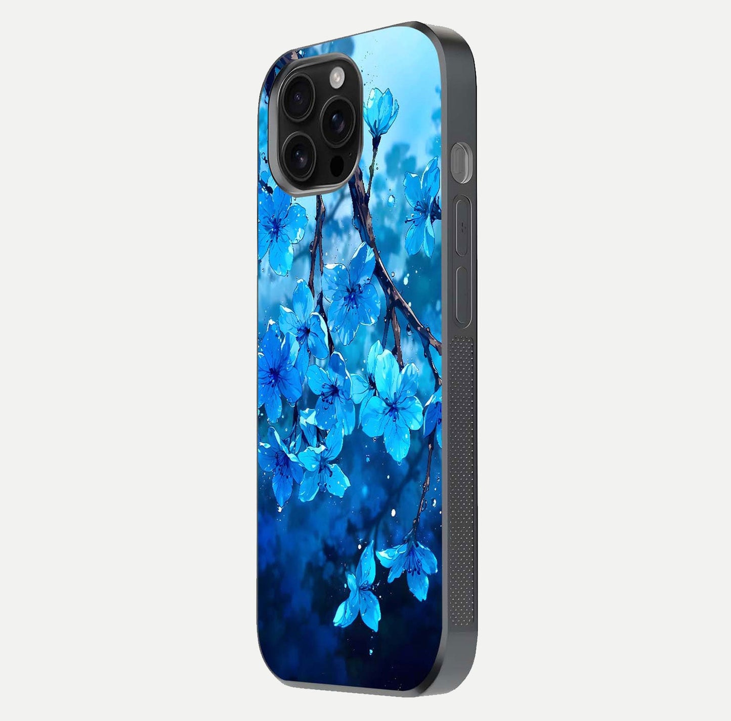Blue Blossoms Branch Glass Case for iPhone 16 Pro Max side-angle image showing blossom pattern flow and glossy texture