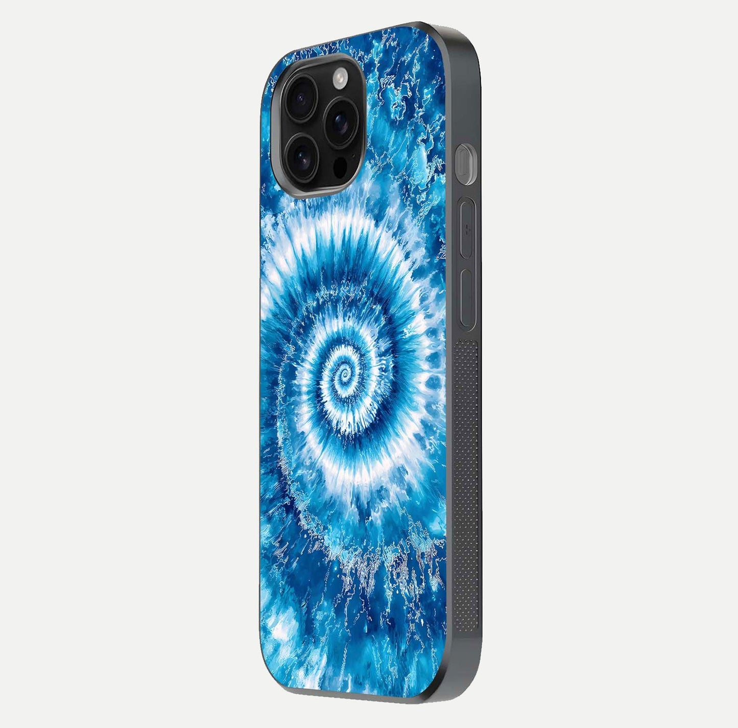 Blue Galaxy Wave Glass Case for iPhone 16 Pro Max side-angle image showing wave ripple art and glass gloss