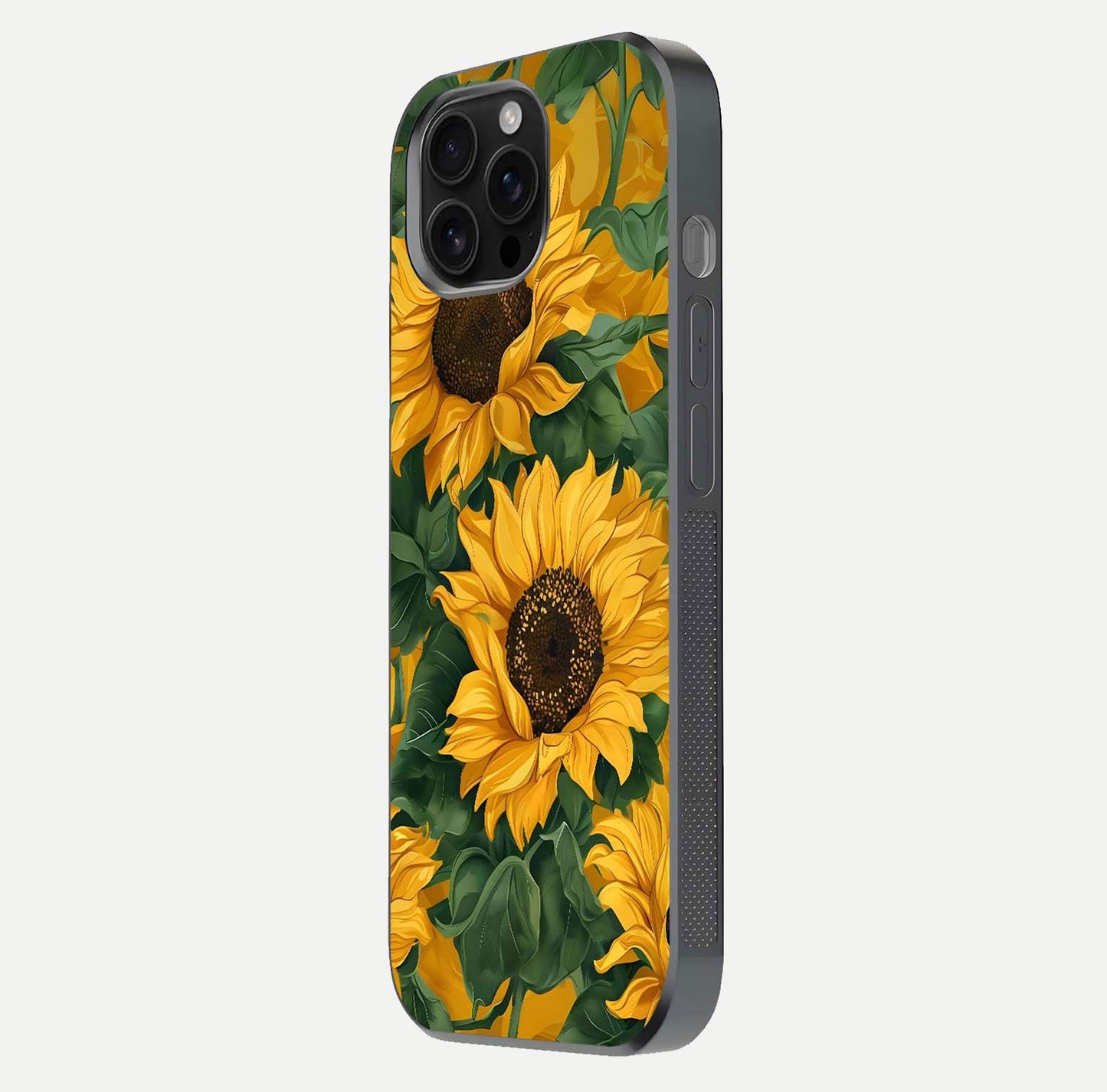 Bright Sunflower Bloom Glass Case for iPhone 16 Pro Max side-angle image showing shine texture and detailed bloom