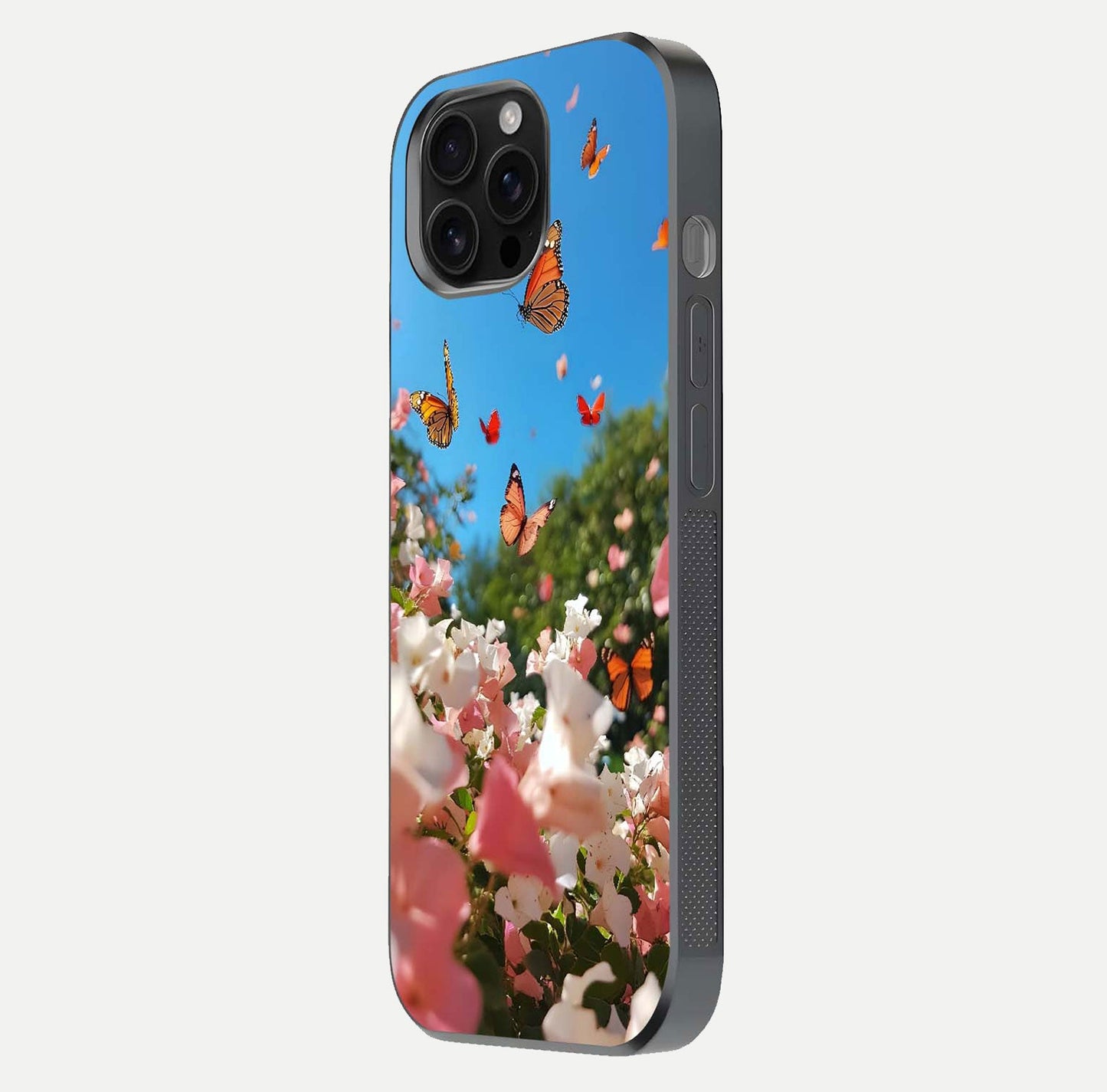 Butterflies in Bloom Sky Glass Case for iPhone 16 Pro Max side-angle image showing delicate details and gloss polish