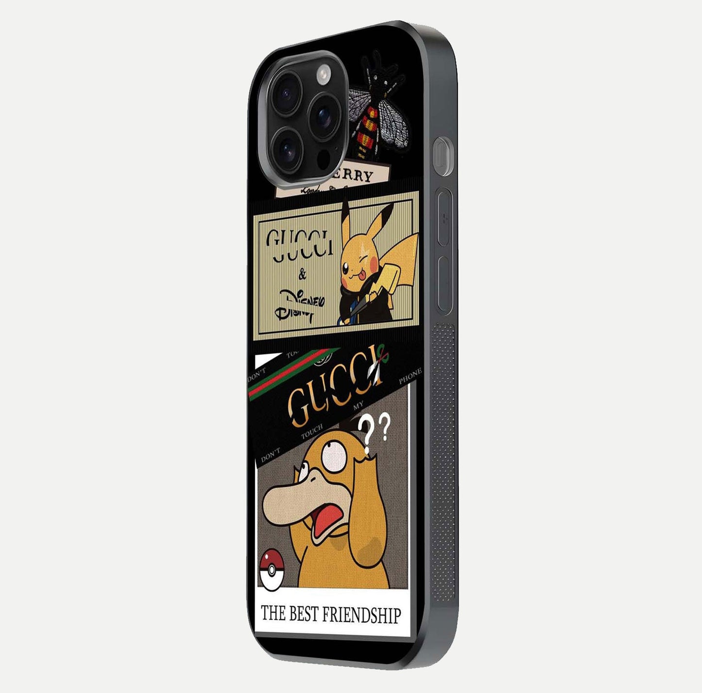 Cartoon Brand Play Mashup Glass Case for iPhone 16 Pro Max side-angle image showing reflection brightness and fun graphic mix