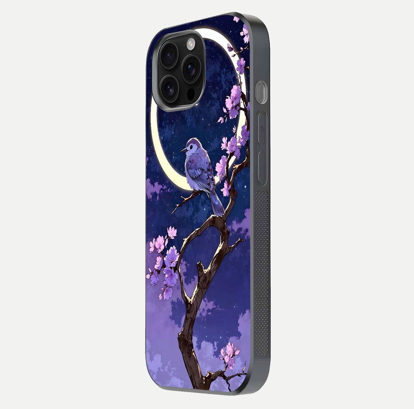 Celestial Bird Blossom Glass Case for iPhone 16 Pro Max side-angle image showing detailed wings and glossy polish