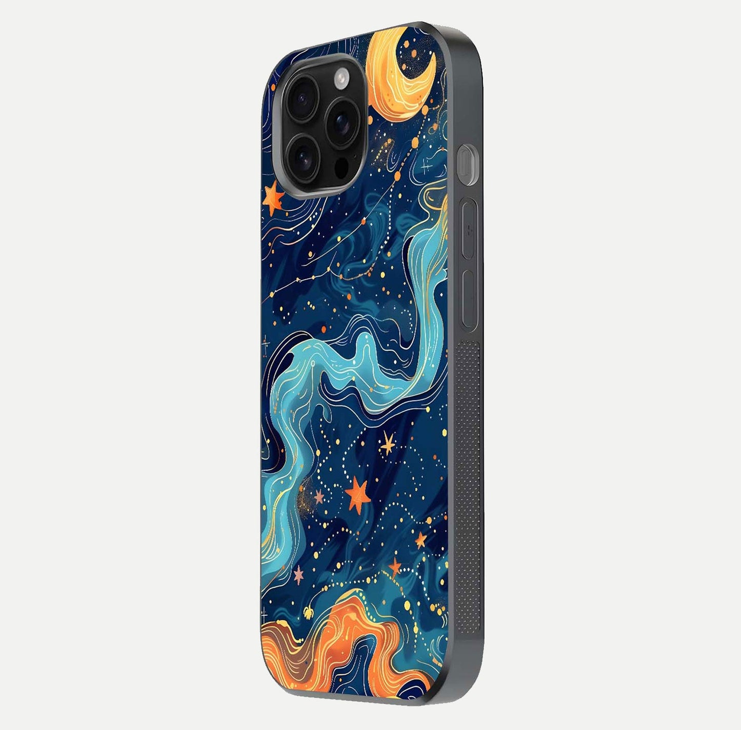 Celestial Dream Flow Glass Case for iPhone 16 Pro Max side-angle image capturing color swirl and glass reflection