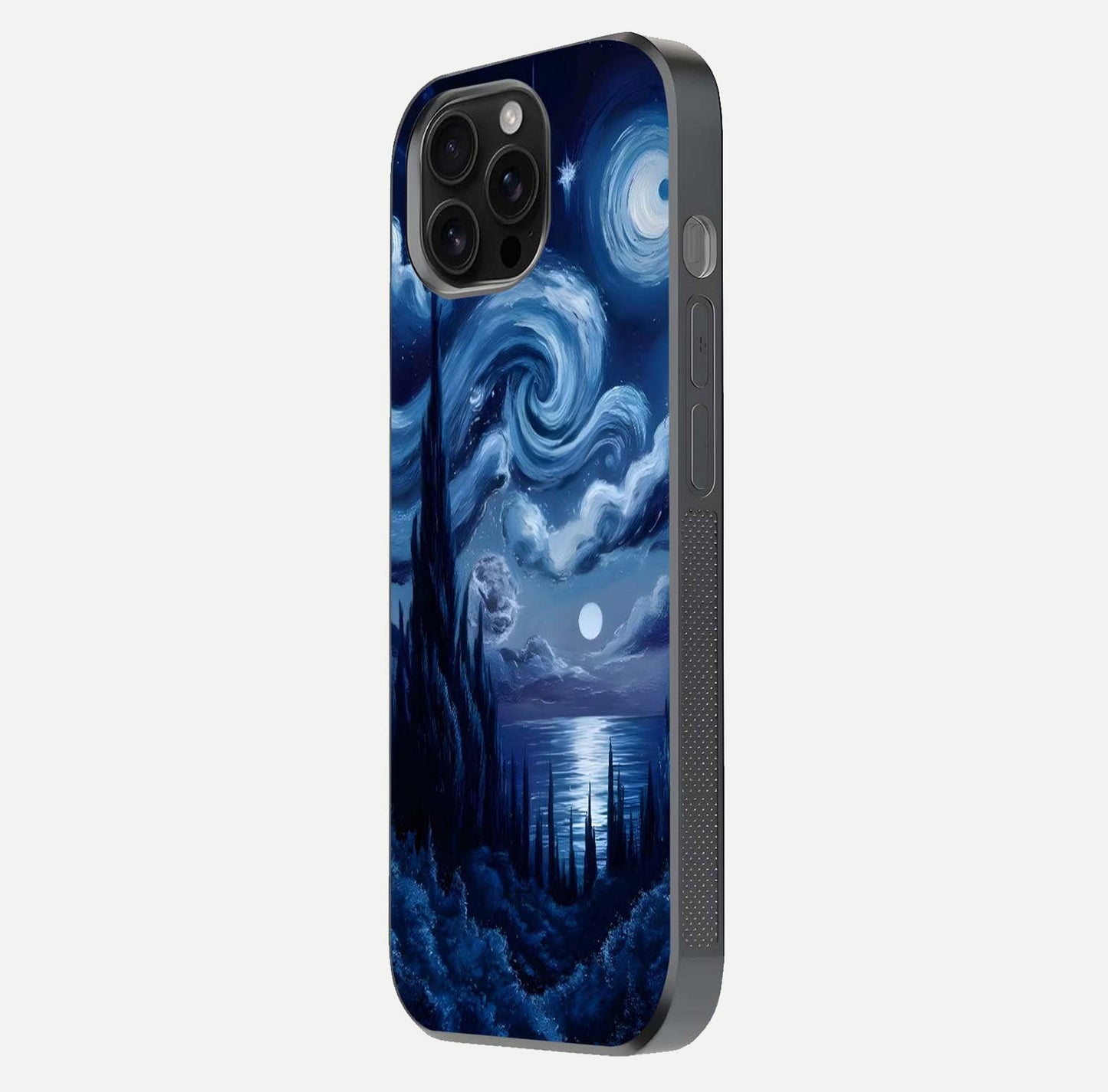 Celestial Dream Van Gogh Glass Case for iPhone 16 Pro Max side-angle photo showing depth swirl design and curved reflection