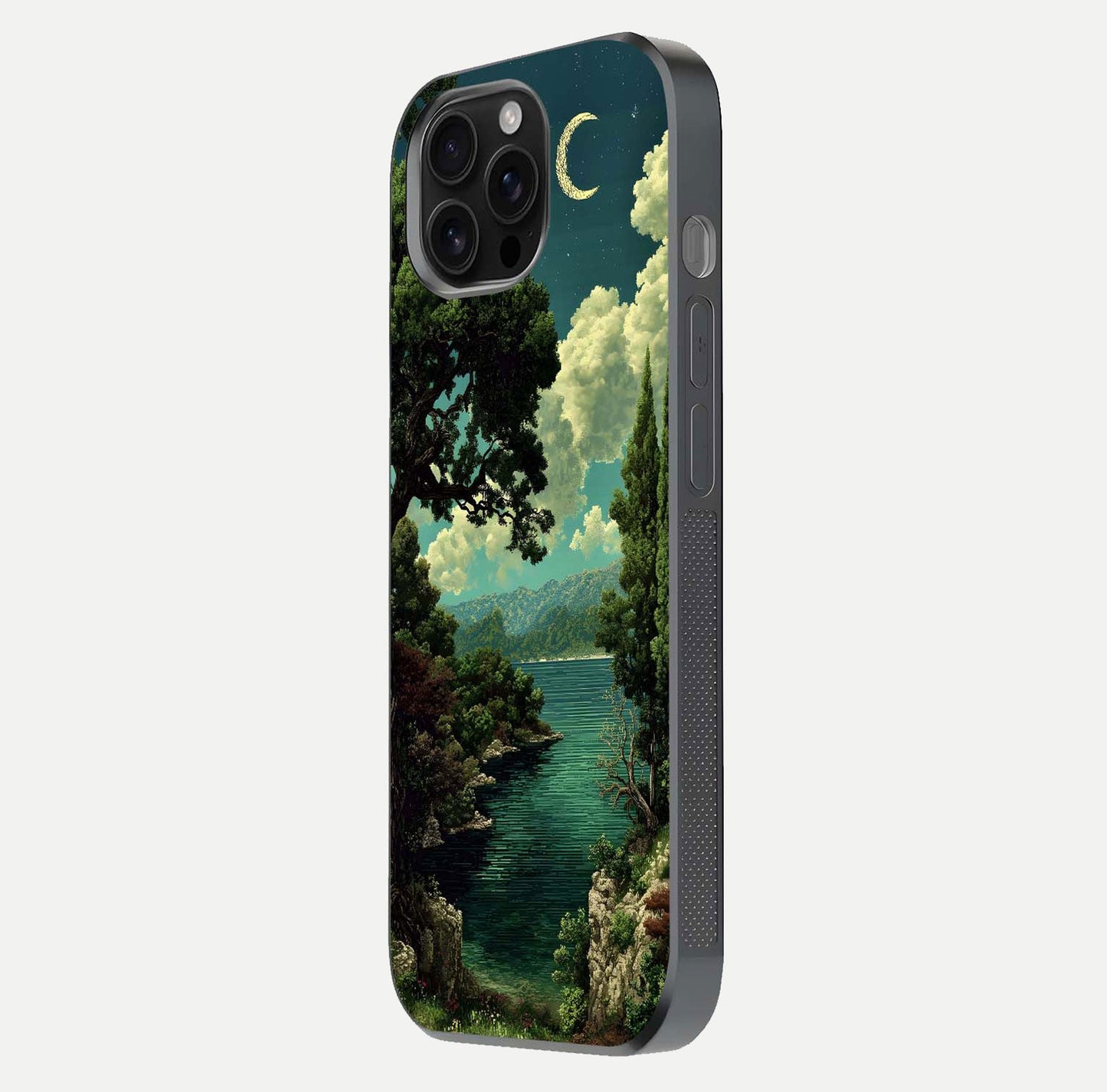 Celestial Lake Peace Glass Case for iPhone 16 Pro Max side-angle image displaying reflective glow and gentle edges