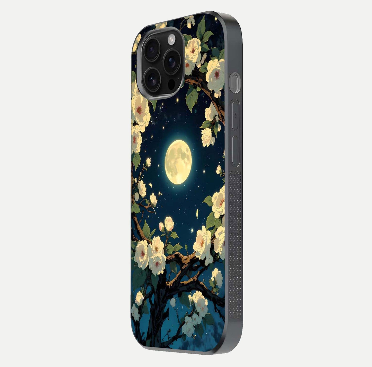 Celestial Moon & Flower Glass Case for iPhone 16 Pro Max side-angle image showing edge smoothness and glow reflection