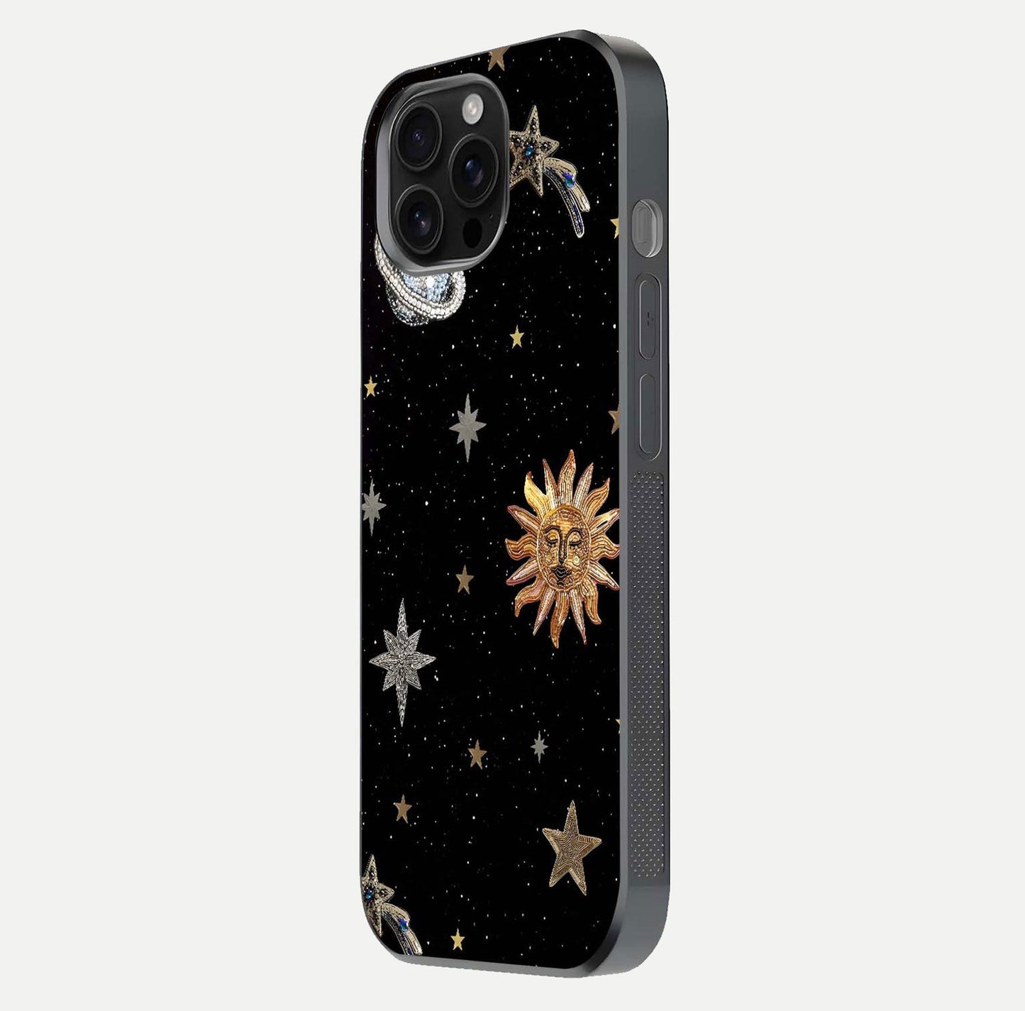 Celestial Moon With Stars Glass Case for iPhone 16 Pro Max side-angle view showing curved edges and shimmer glow