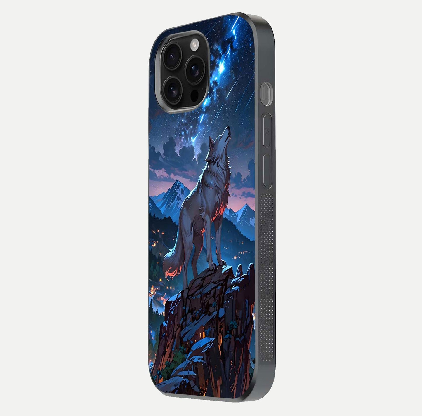 Celestial Wolf Howl Glass Case for iPhone 16 Pro Max side-angle image showing curve polish and moon glow