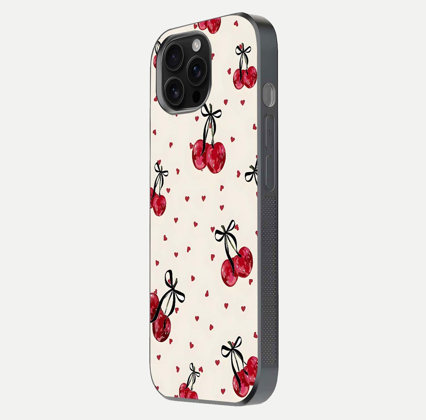 Cherry Heart Bow Glass Case for iPhone 16 Pro Max side-angle image capturing gloss texture and charm bow art
