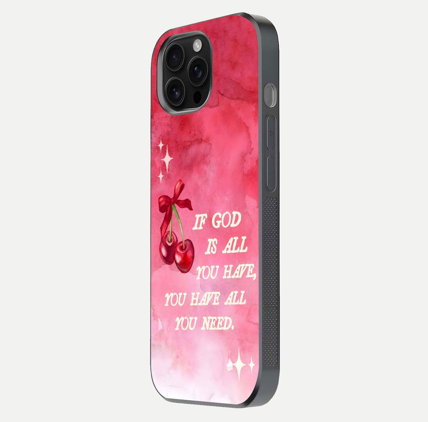 Cherry Quote Glass Case for iPhone 16 Pro Max side-angle image showing curve glow and glass detail