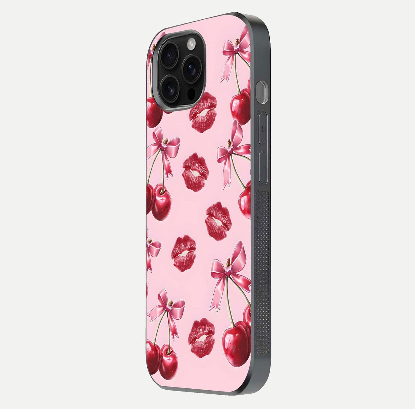 Cherry With Lips Glass Case for iPhone 16 Pro Max side-angle image showing gloss reflection and fine details