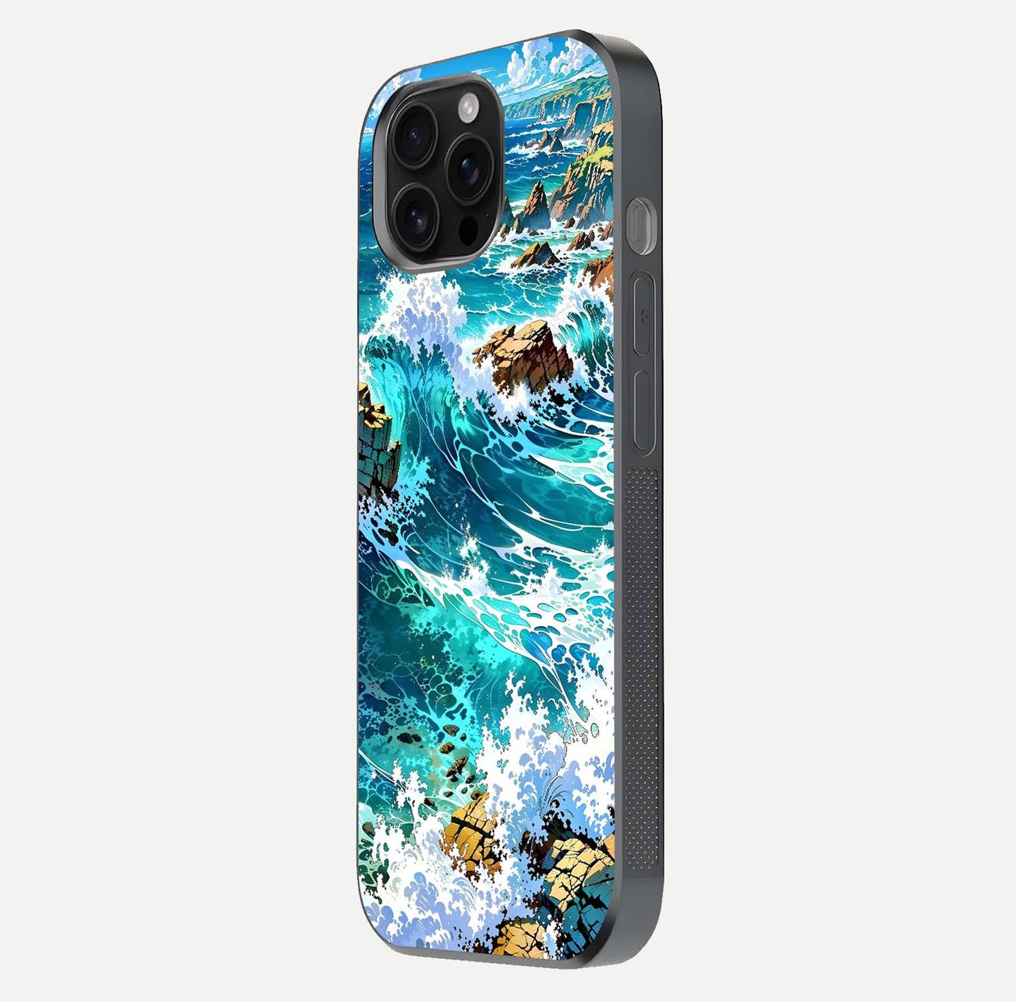 Coastal Blue Waves Glass Case for iPhone 16 Pro Max side-angle photo showing gloss texture and color depth