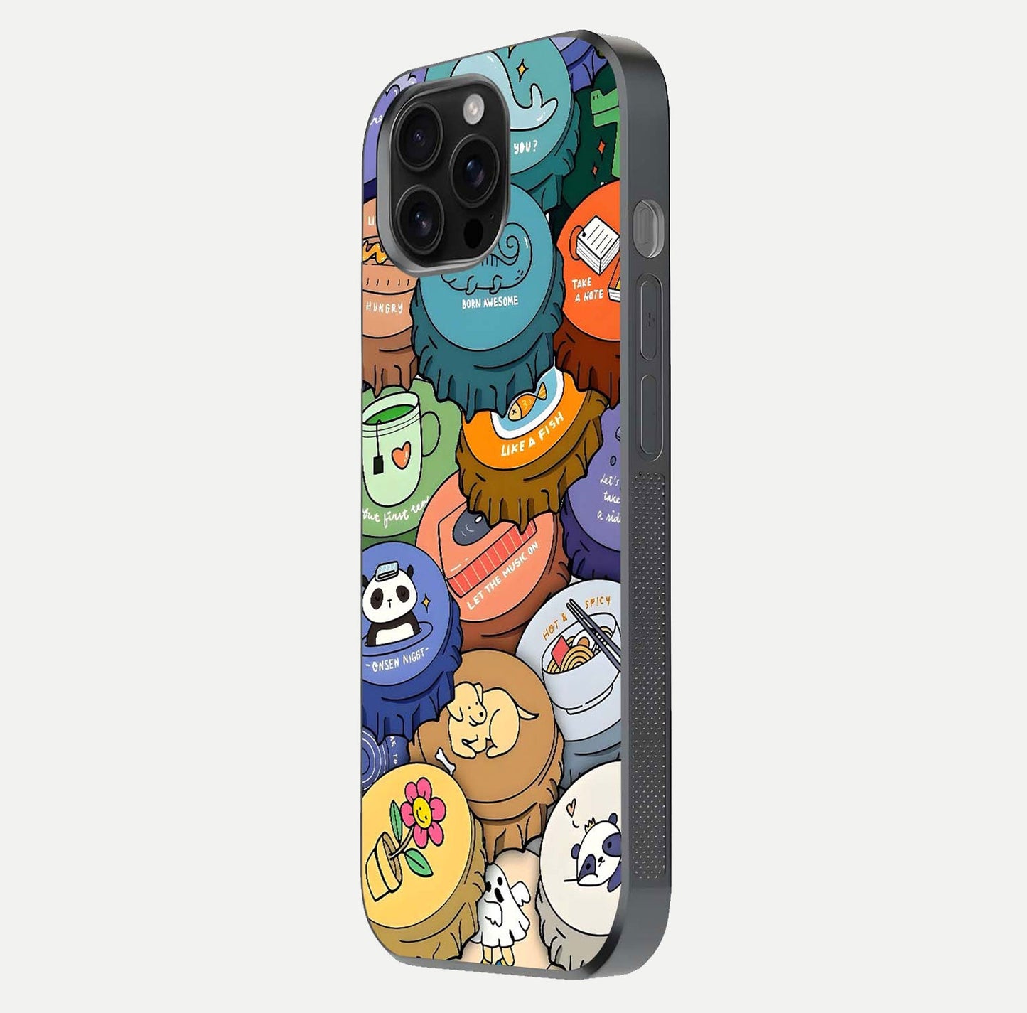 Coins Patterns Glass Case for iPhone 16 Pro Max side-angle photo capturing shine finish and curve glow