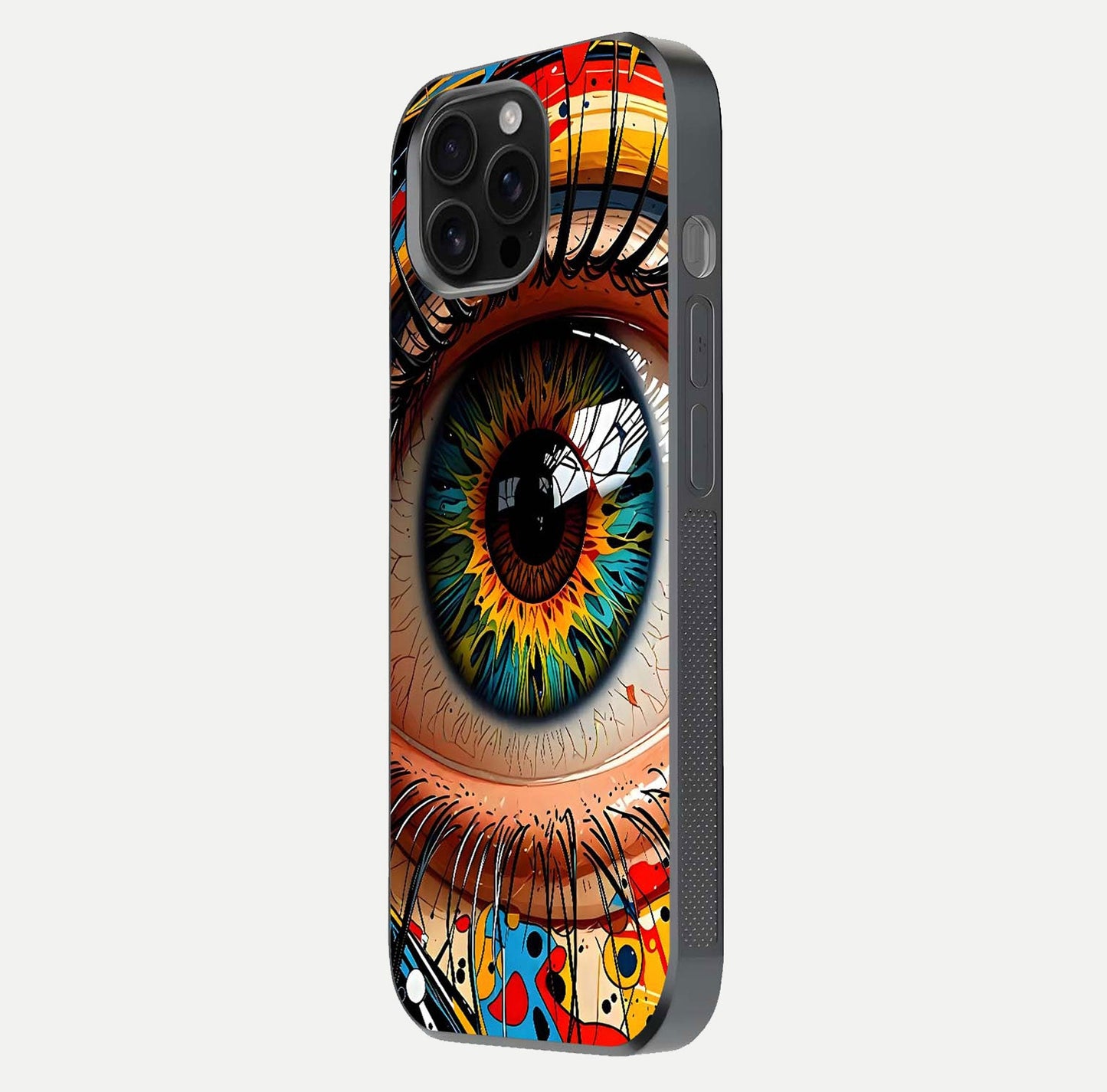 Colorful Eye Glass Case for iPhone 16 Pro Max side-angle photo showing reflective surface and design detail