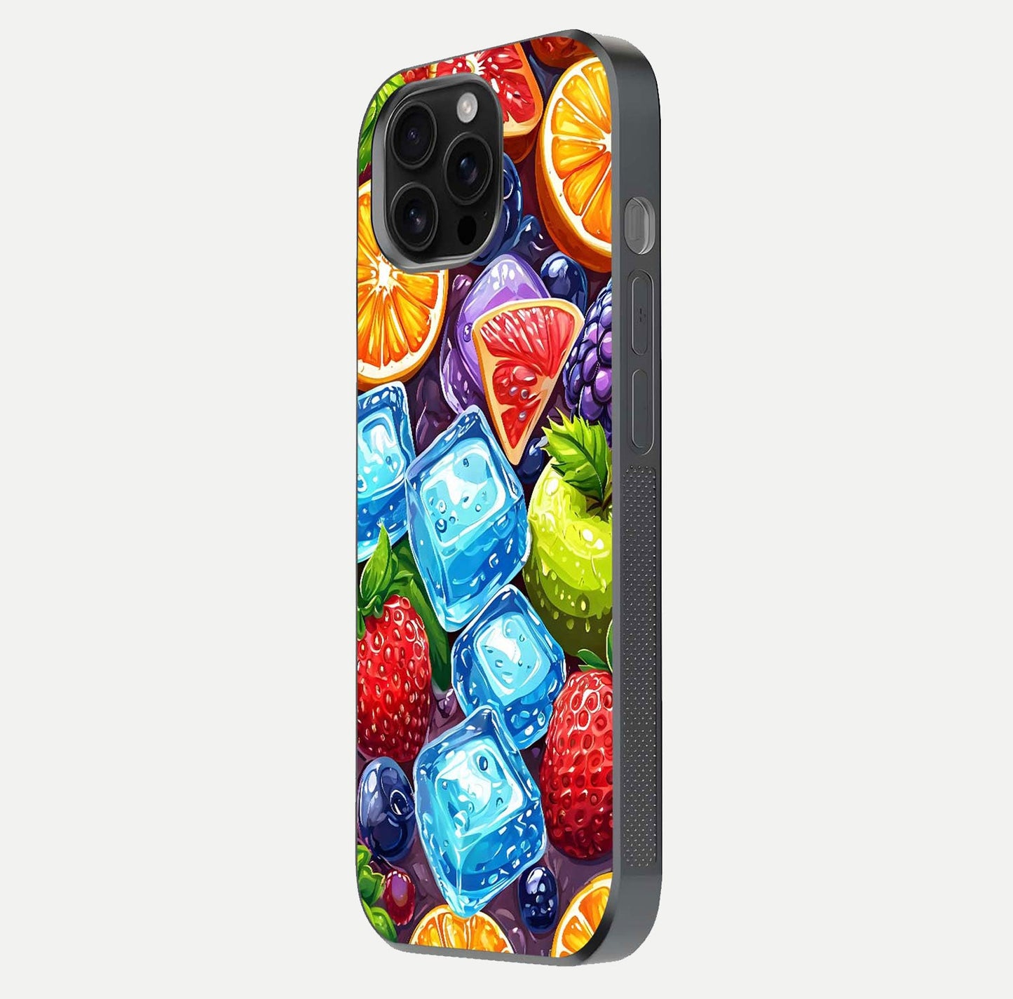 Colorful Fruits with Ice Glass Case for iPhone 16 Pro Max side-angle photo showing curve gloss and vivid tones