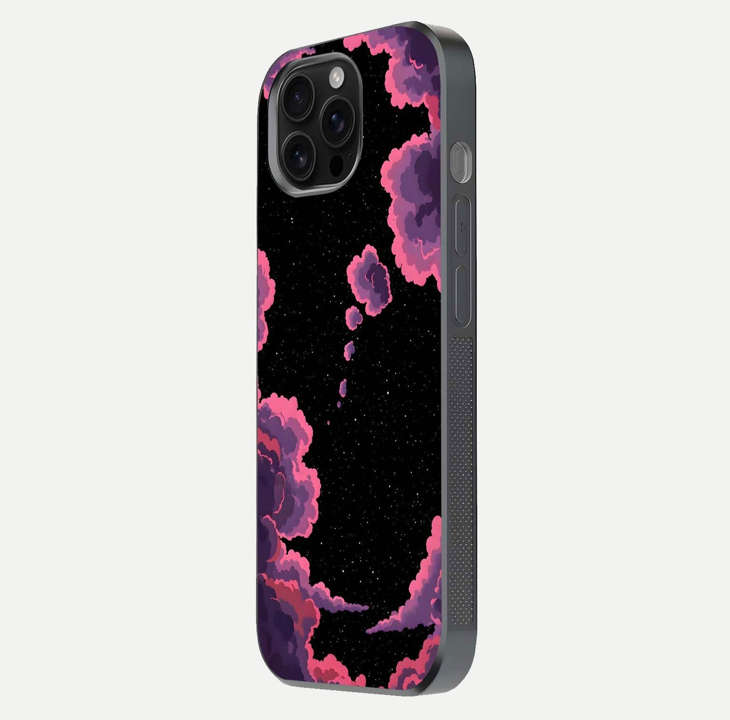 Cosmic Cloud Journey Glass Case for iPhone 16 Pro Max side-angle photo showing glass reflection and smooth tone
