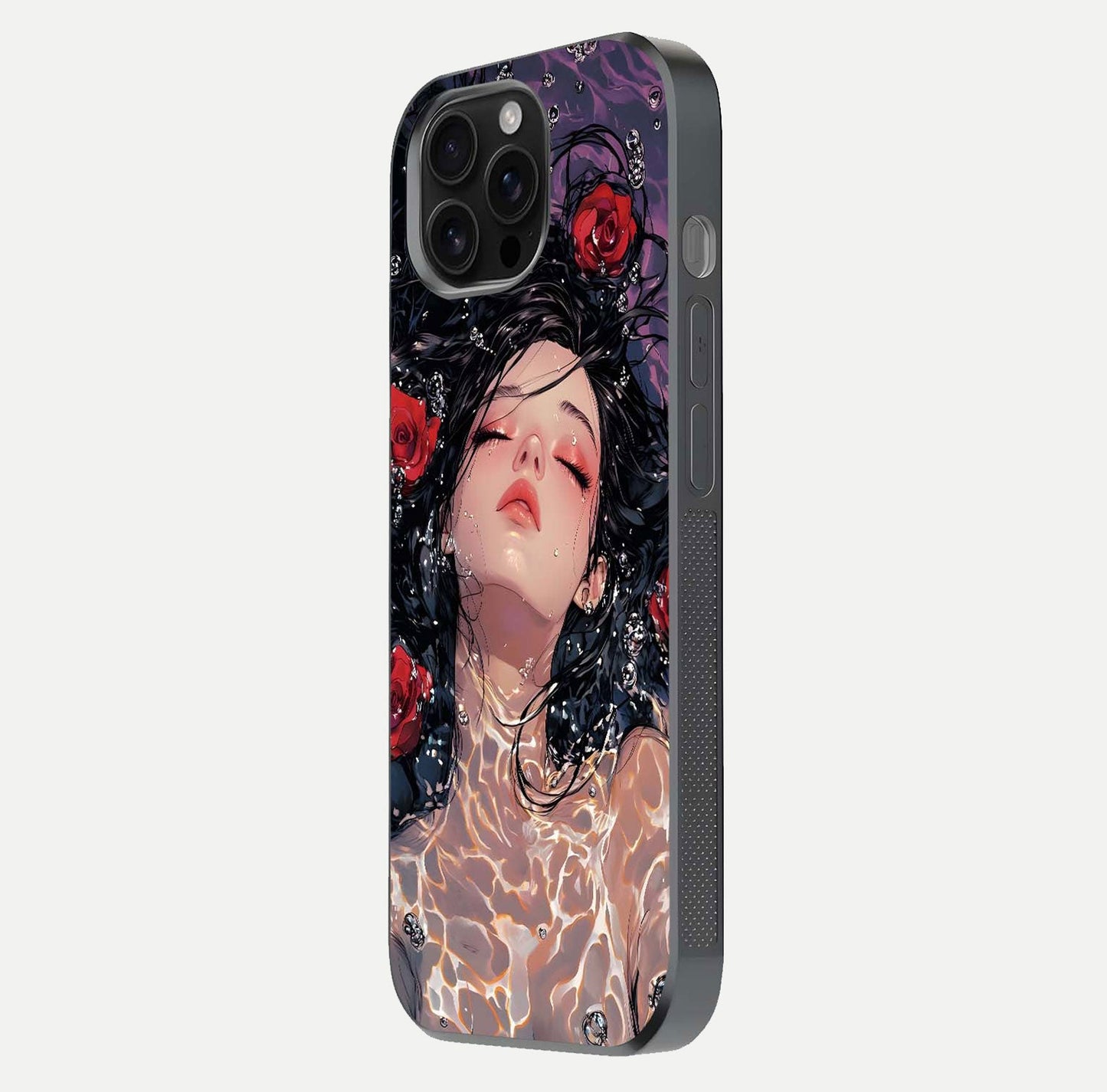 Crimson Rose Serenity Glass Case for iPhone 16 Pro Max side-angle photo showing glass reflection and soft edges
