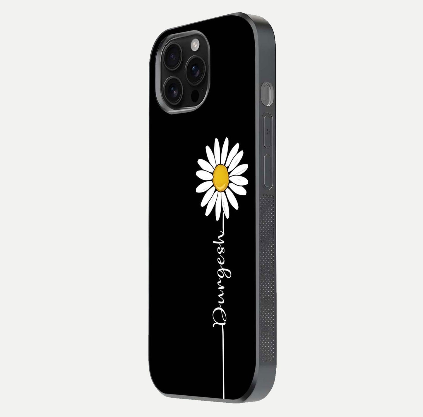 Custom Name White Flower Glass Case for iPhone 16 Pro Max side-angle photo showing reflection shine and name clarity