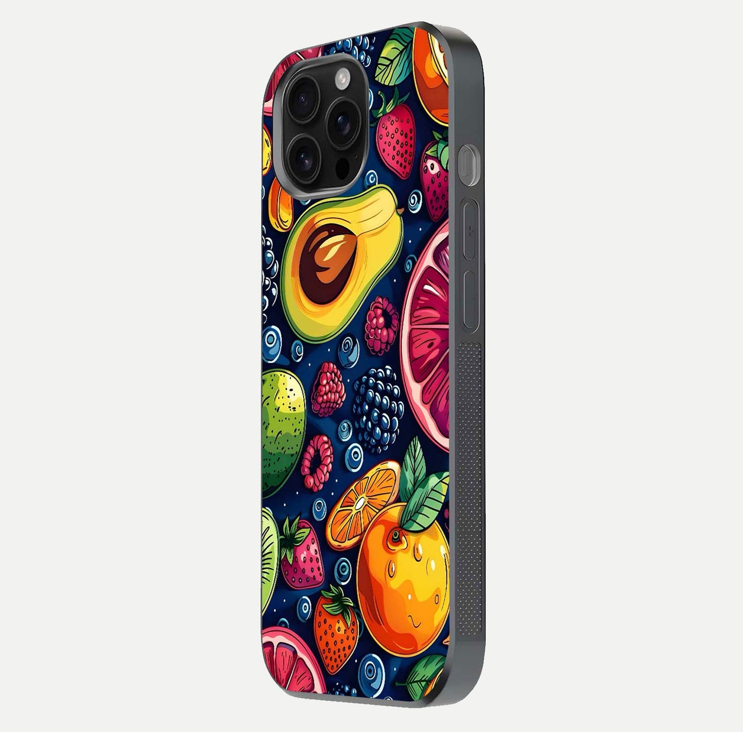 Cute Fruits Art Glass Case for iPhone 16 Pro Max side-angle photo showing reflective finish and smooth edges