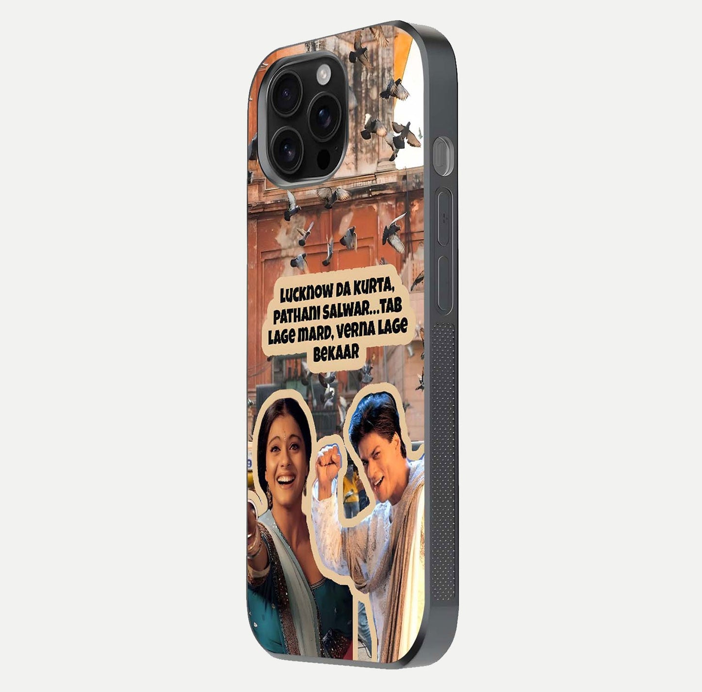 Desi Retro Vibes Glass Case for iPhone 16 Pro Max side-angle image displaying gloss texture and bold pattern