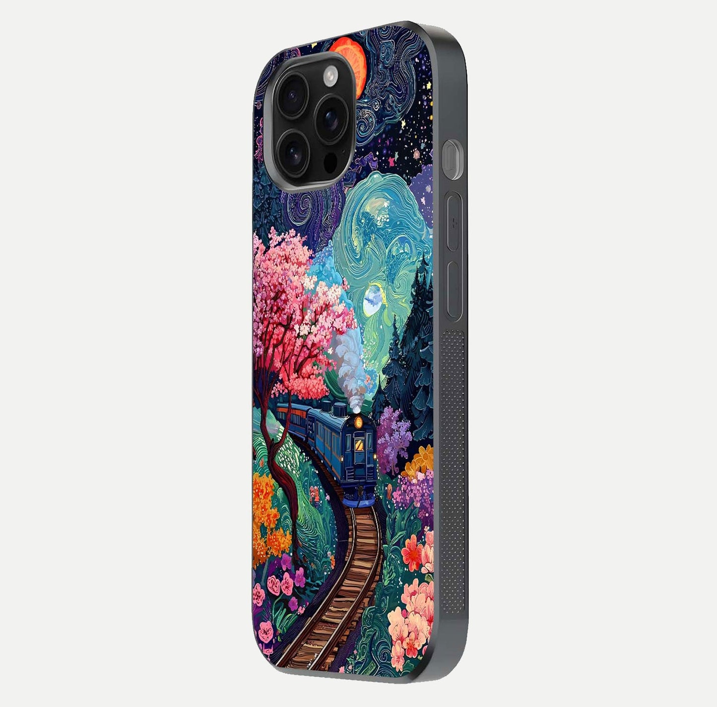 Digital Art Glass Case for iPhone 16 Pro Max side-angle photo showing shine depth and artistic clarity