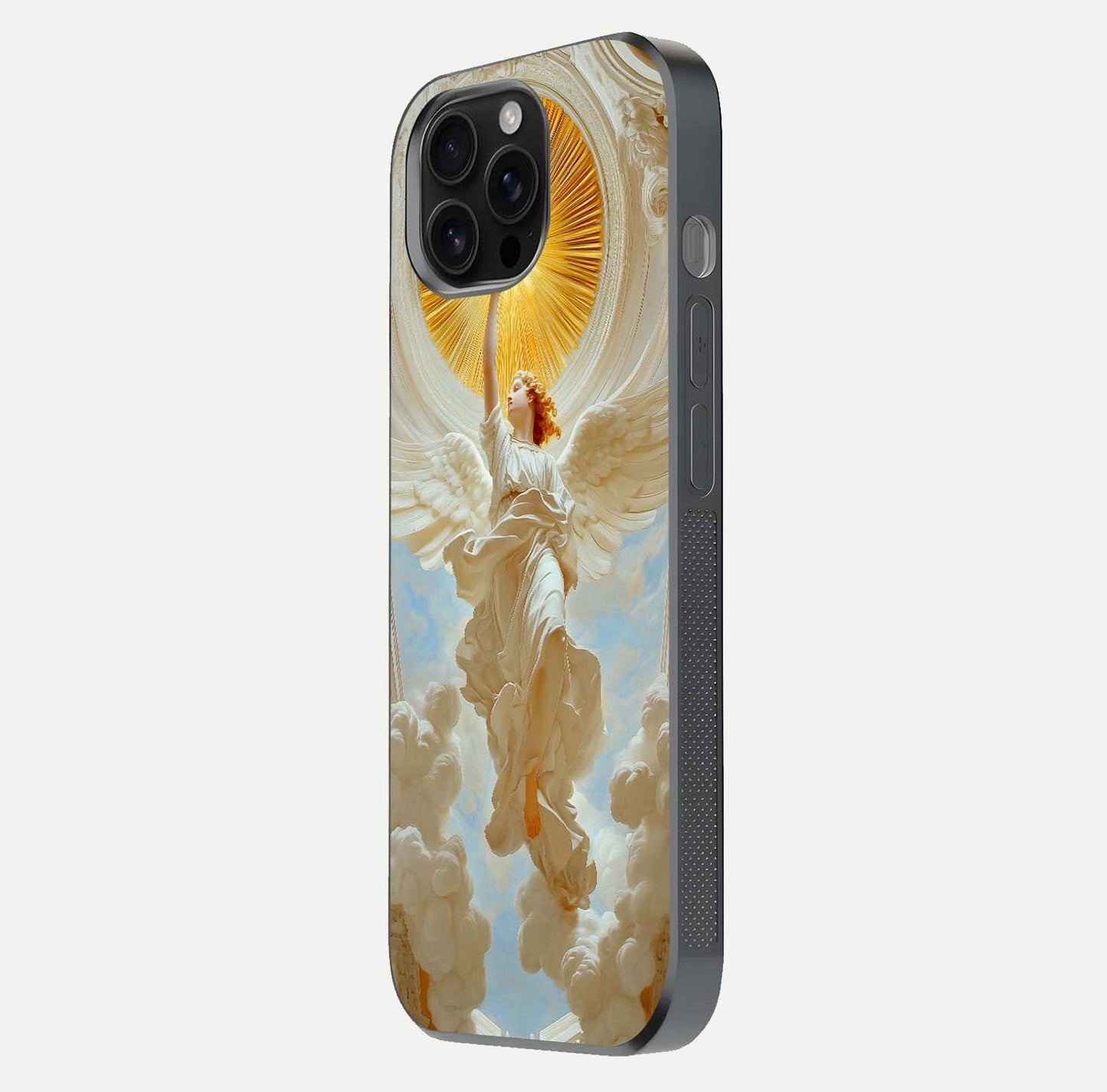 Divine Light Angel Glass Case for iPhone 16 Pro Max side-angle image capturing reflection shine and edge finish
