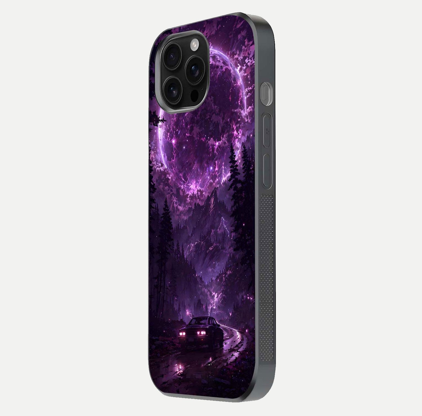 Eternal Cosmic Drive Glass Case for iPhone 16 Pro Max side-angle image showing reflection texture and color contrast