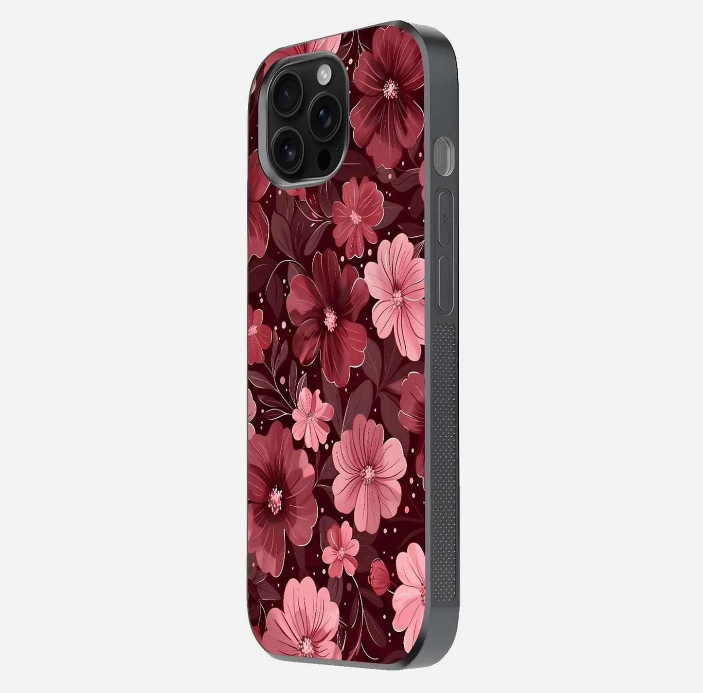 Flower Blush Bloom Glass Case for iPhone 16 Pro Max side-angle photo showing glass reflection and delicate hues