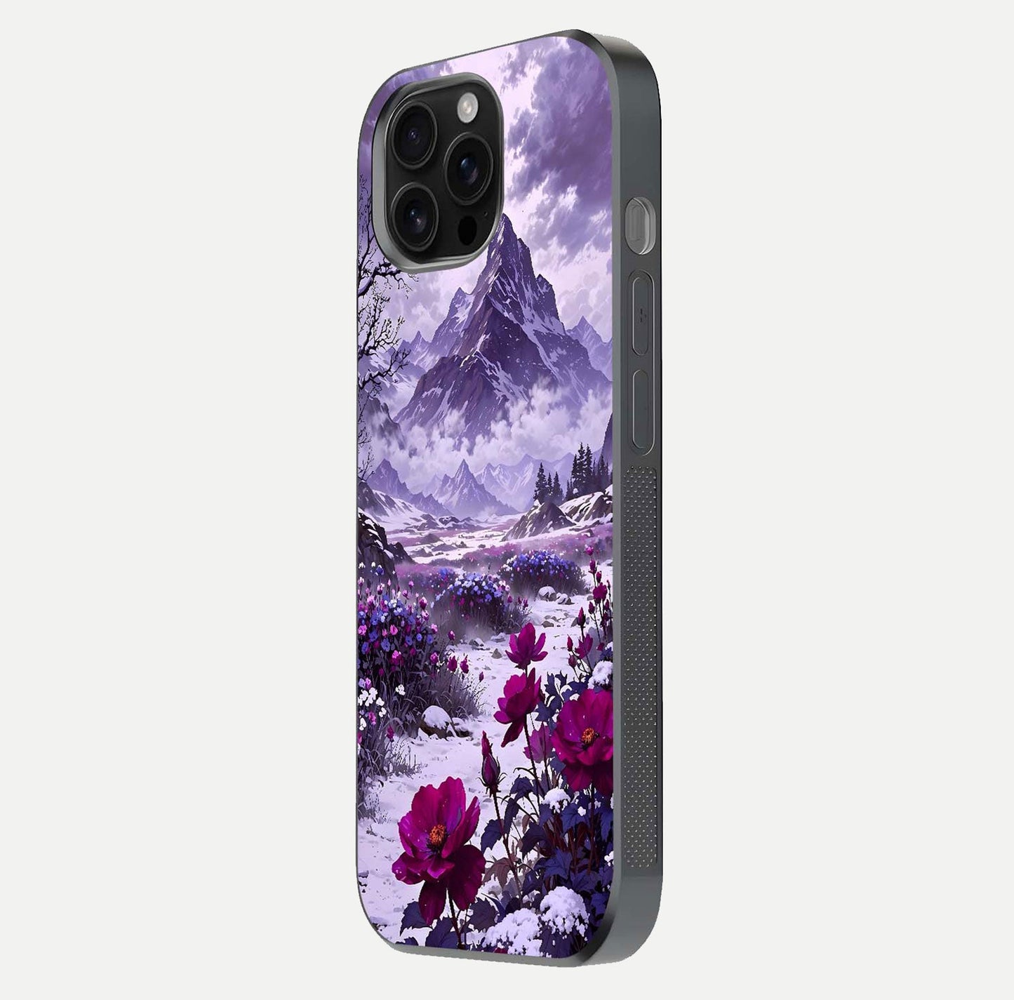 Flower Mountain View Glass Case for iPhone 16 Pro Max side-angle image showing gloss polish and smooth edge