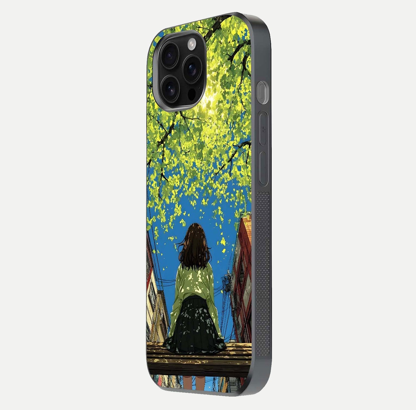 Golden Leaves Glow Glass Case for iPhone 16 Pro Max side-angle image showing reflection polish and elegant pattern