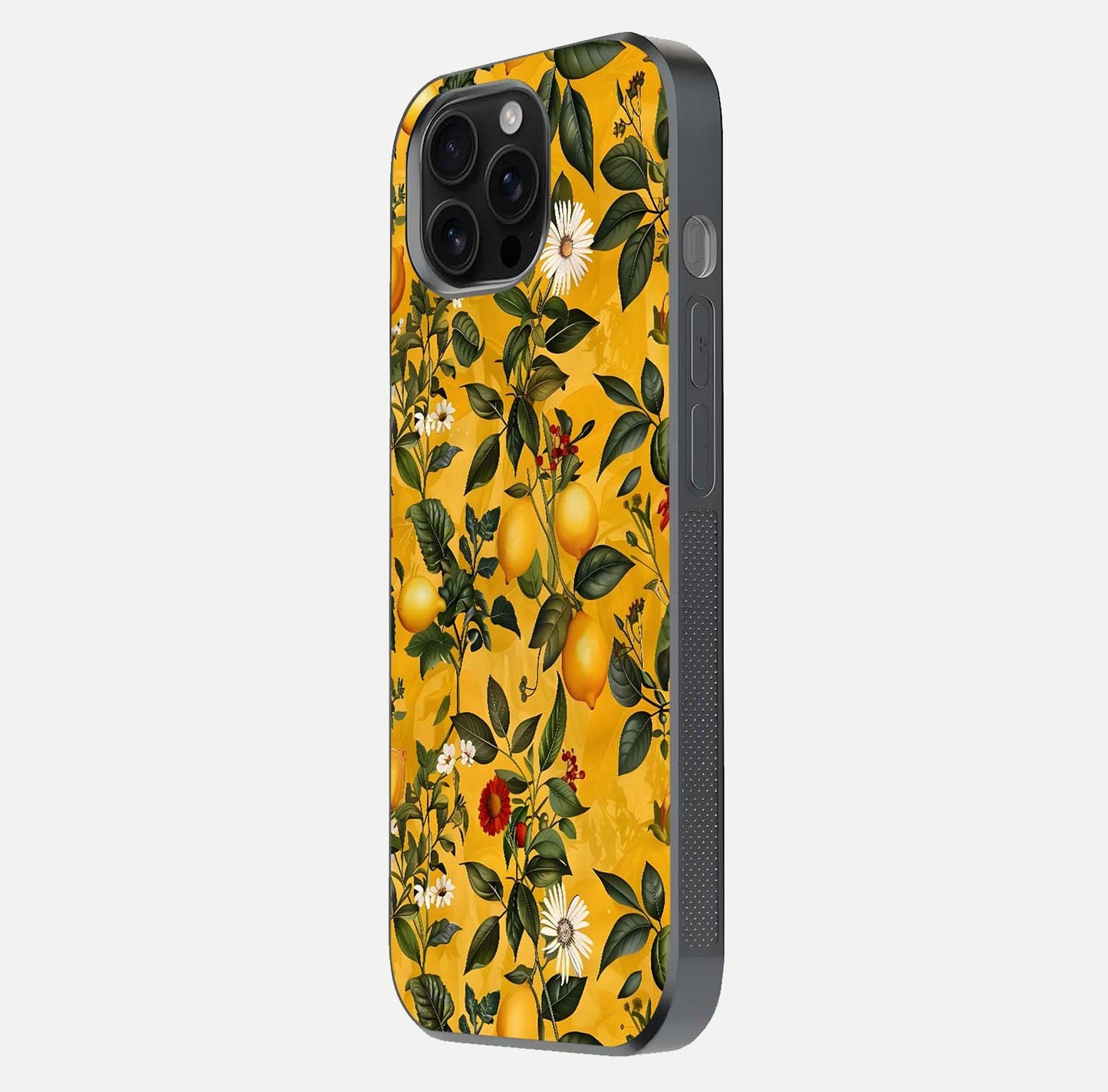Golden Lemon Field Glass Case for iPhone 16 Pro Max side-angle image showing reflection clarity and juicy color tone