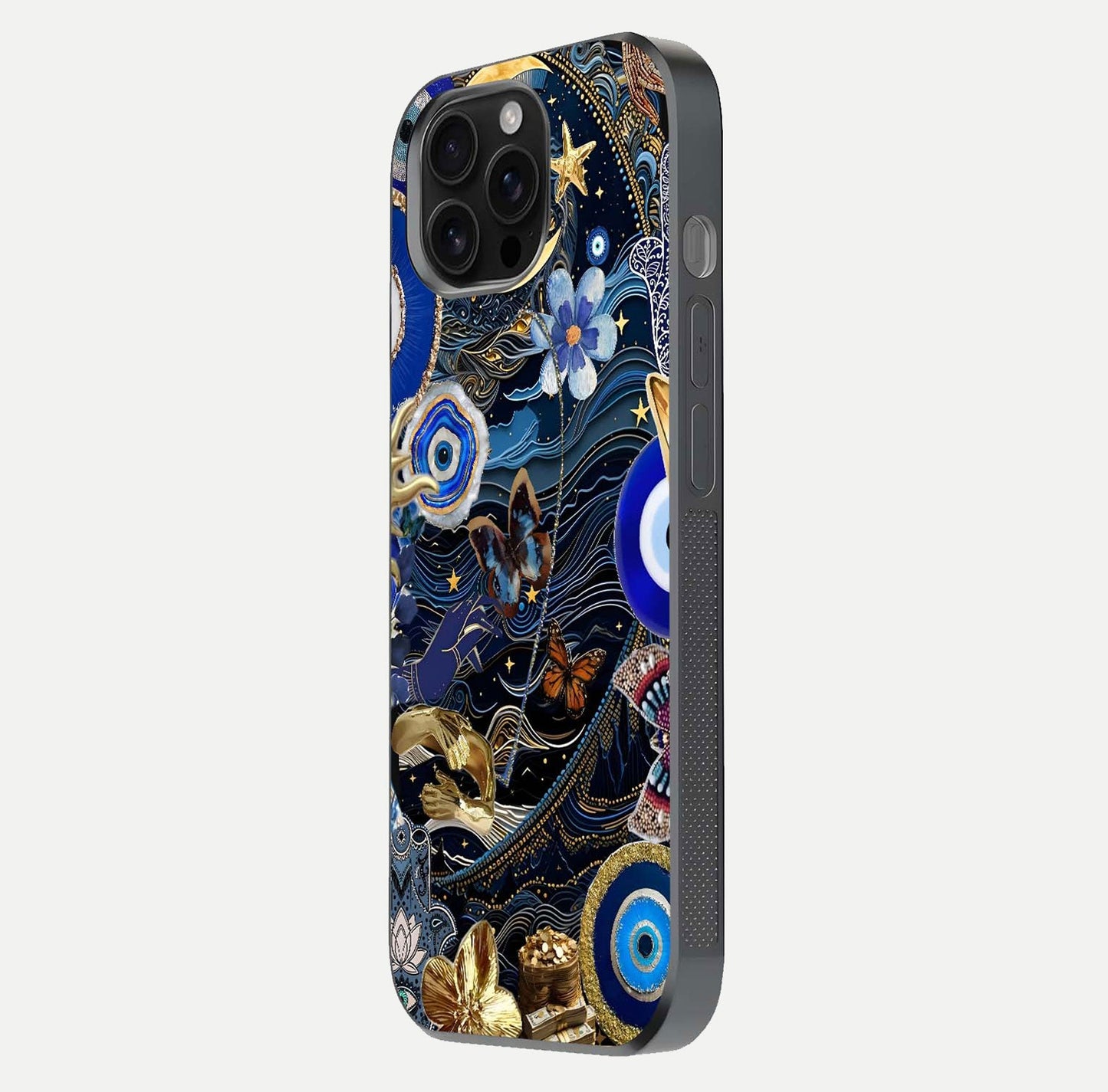 Golden Moon Magic Glass Case for iPhone 16 Pro Max side-angle image showing reflection glow, curved polish, and moon detail
