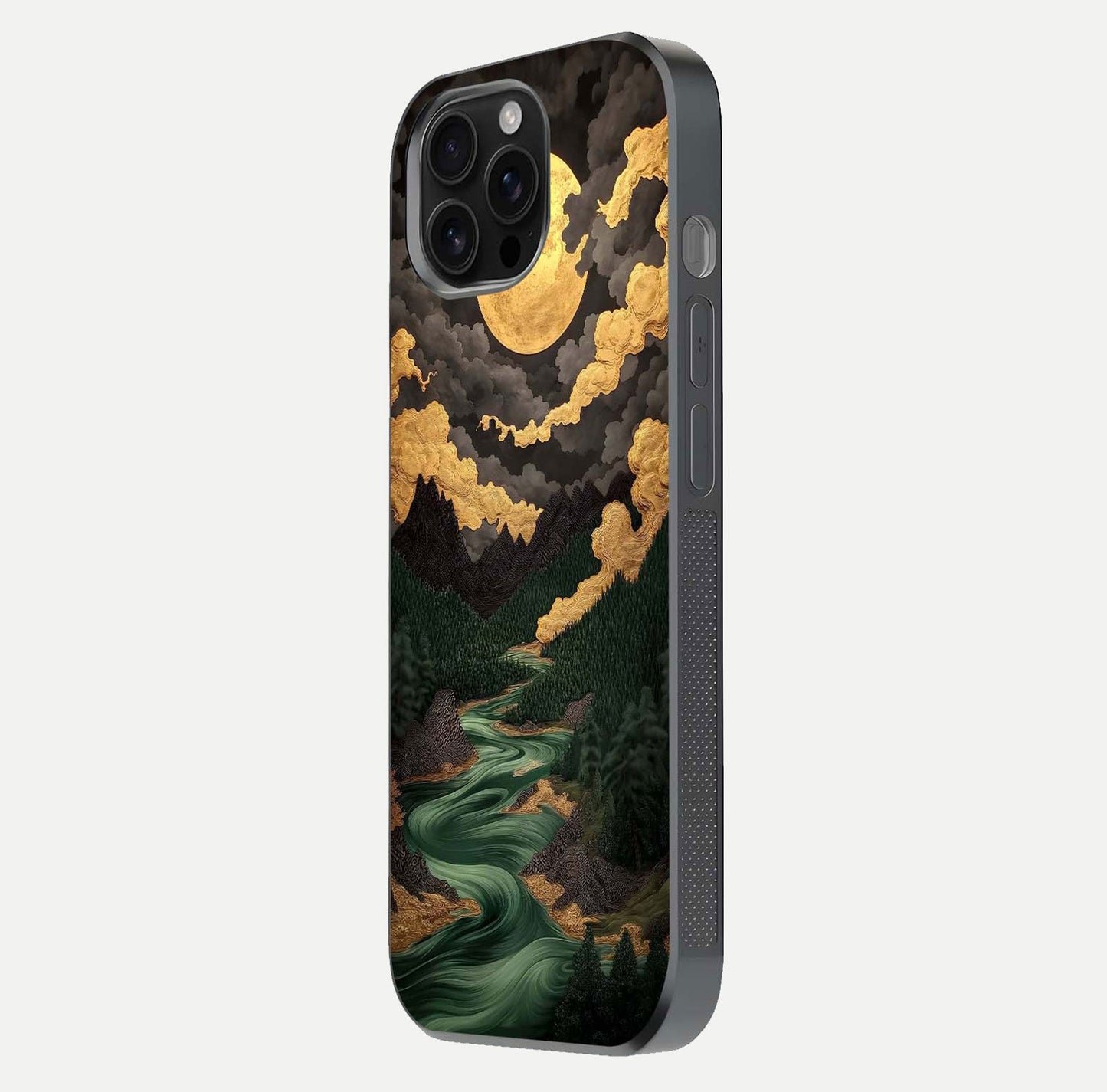Golden River Moon Glass Case for iPhone 16 Pro Max side-angle image showing reflection clarity and detailed nightscape