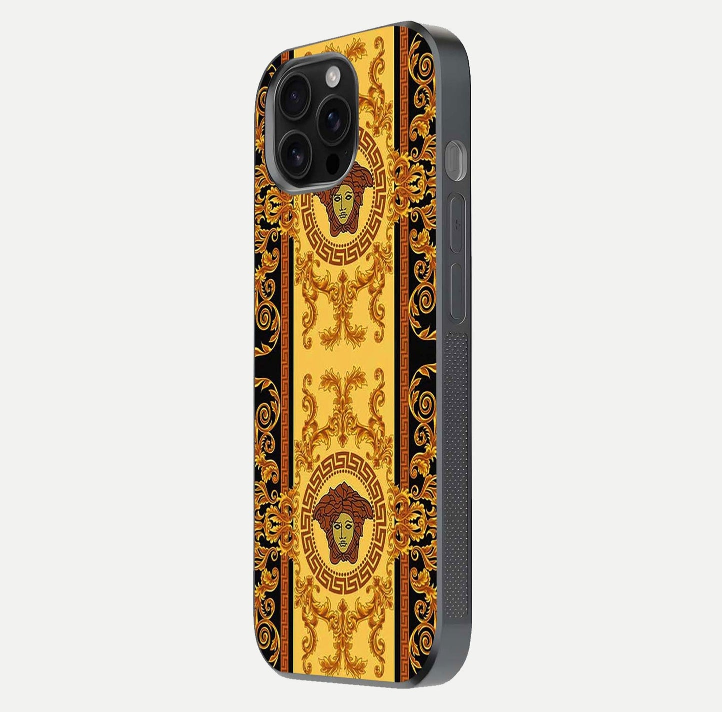 Golden Royal Heritage Glass Case for iPhone 16 Pro Max side-angle image showing reflection glow and luxury detailing