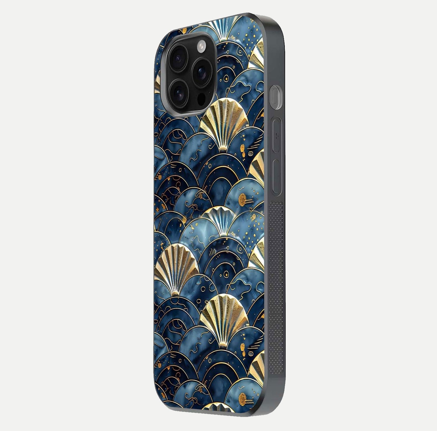 Golden Wave Luxe Glass Case for iPhone 16 Pro Max side-angle image showing reflection clarity and polished finish