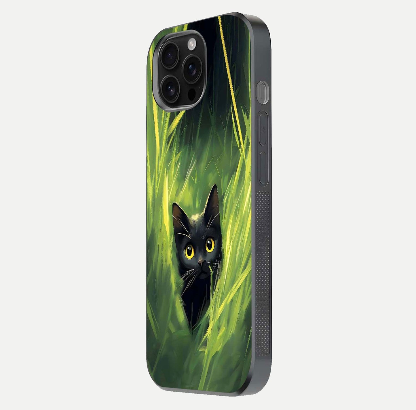 Hidden Cat Whisper Glass Case for iPhone 16 Pro Max side-angle image showing reflection glow and subtle artistic texture