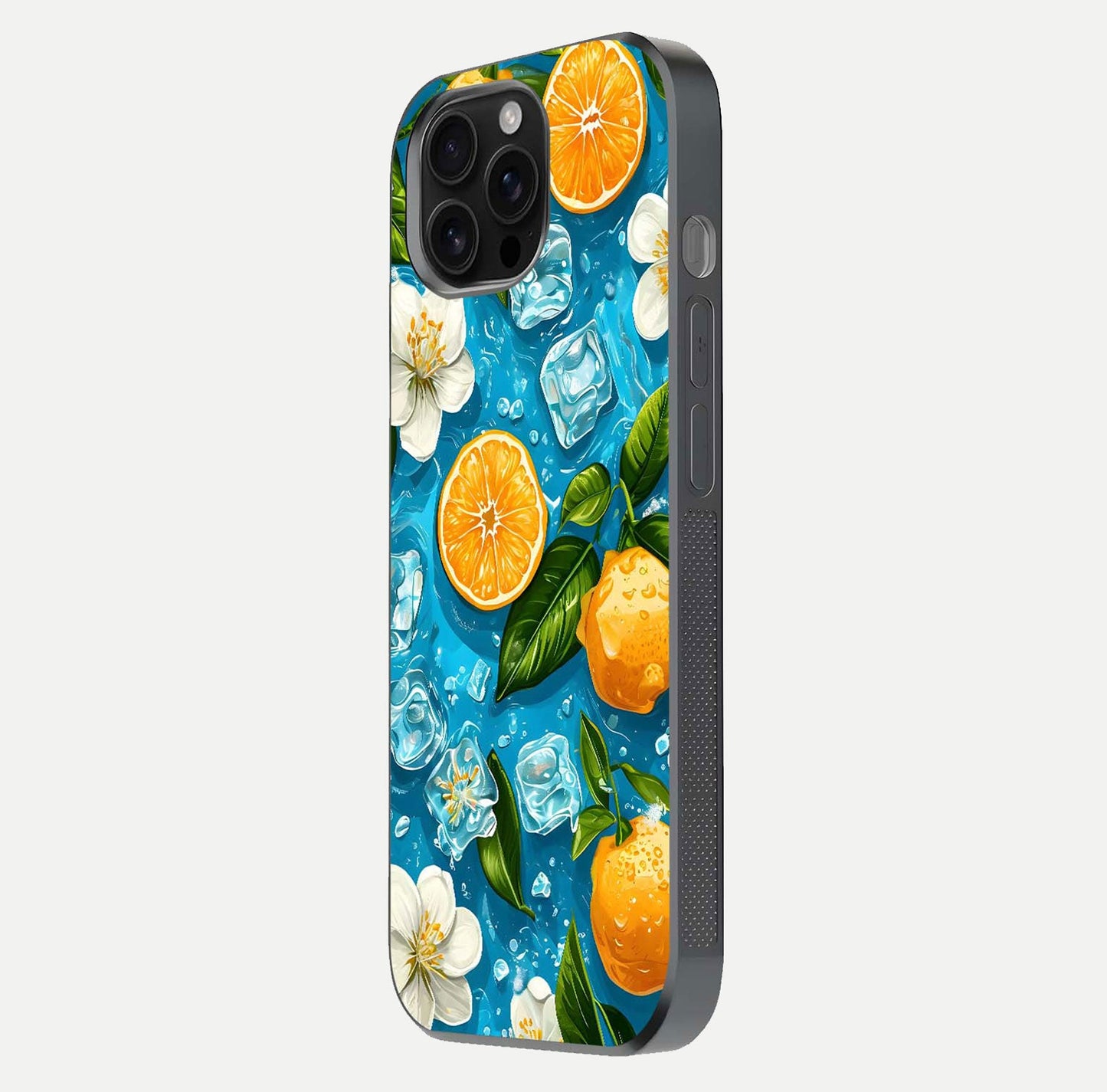 Ice Cube With Orange Glass Case for iPhone 16 Pro Max side-angle image showing reflection brightness and juicy pattern detail