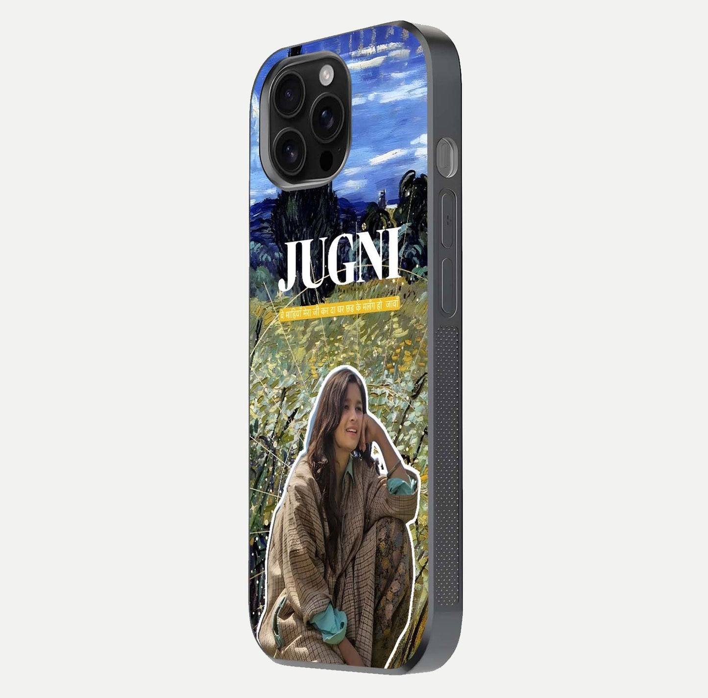 Jugni Soul Vibes Glass Case for iPhone 16 Pro Max side-angle image with stylish typography and HD finish