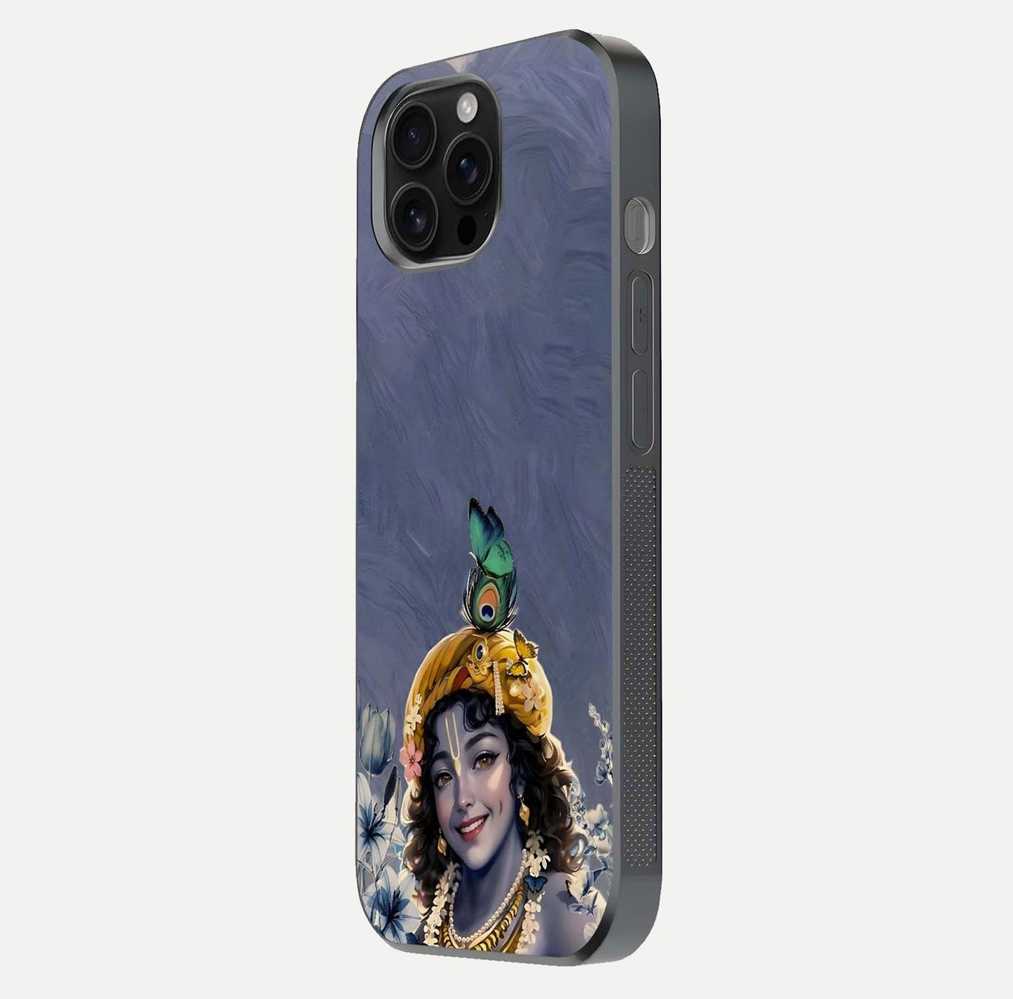 Lord Krishna Glass Case for iPhone 16 Pro Max side-angle image emphasizing premium reflection and sacred motif
