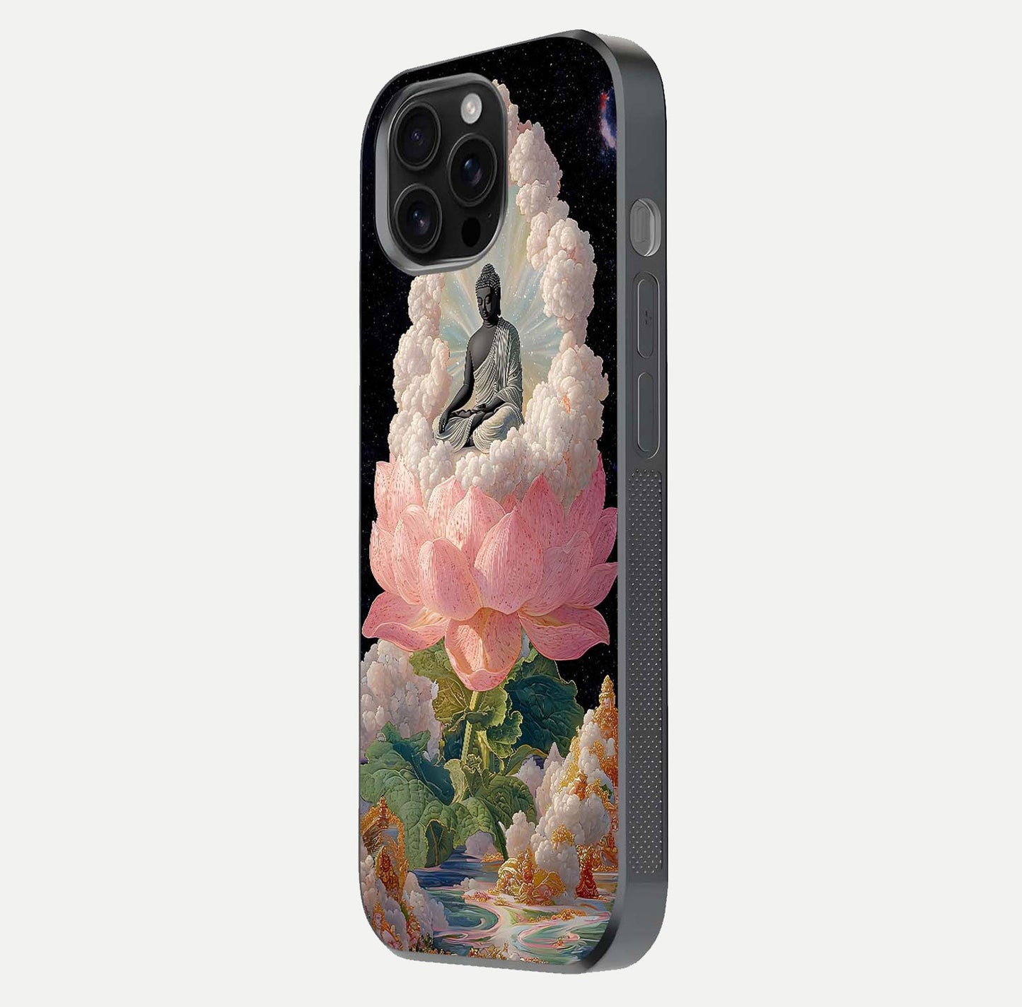 Lotus Divine Peace Glass Case for iPhone 16 Pro Max side-angle shot showing elegant shine and floral symmetry