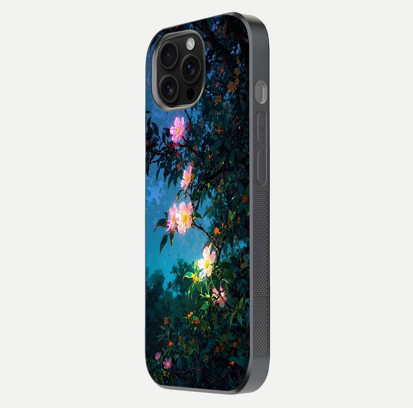 Midnight Bloom Glow Glass Case for iPhone 16 Pro Max side-angle image revealing reflection and deep midnight hues