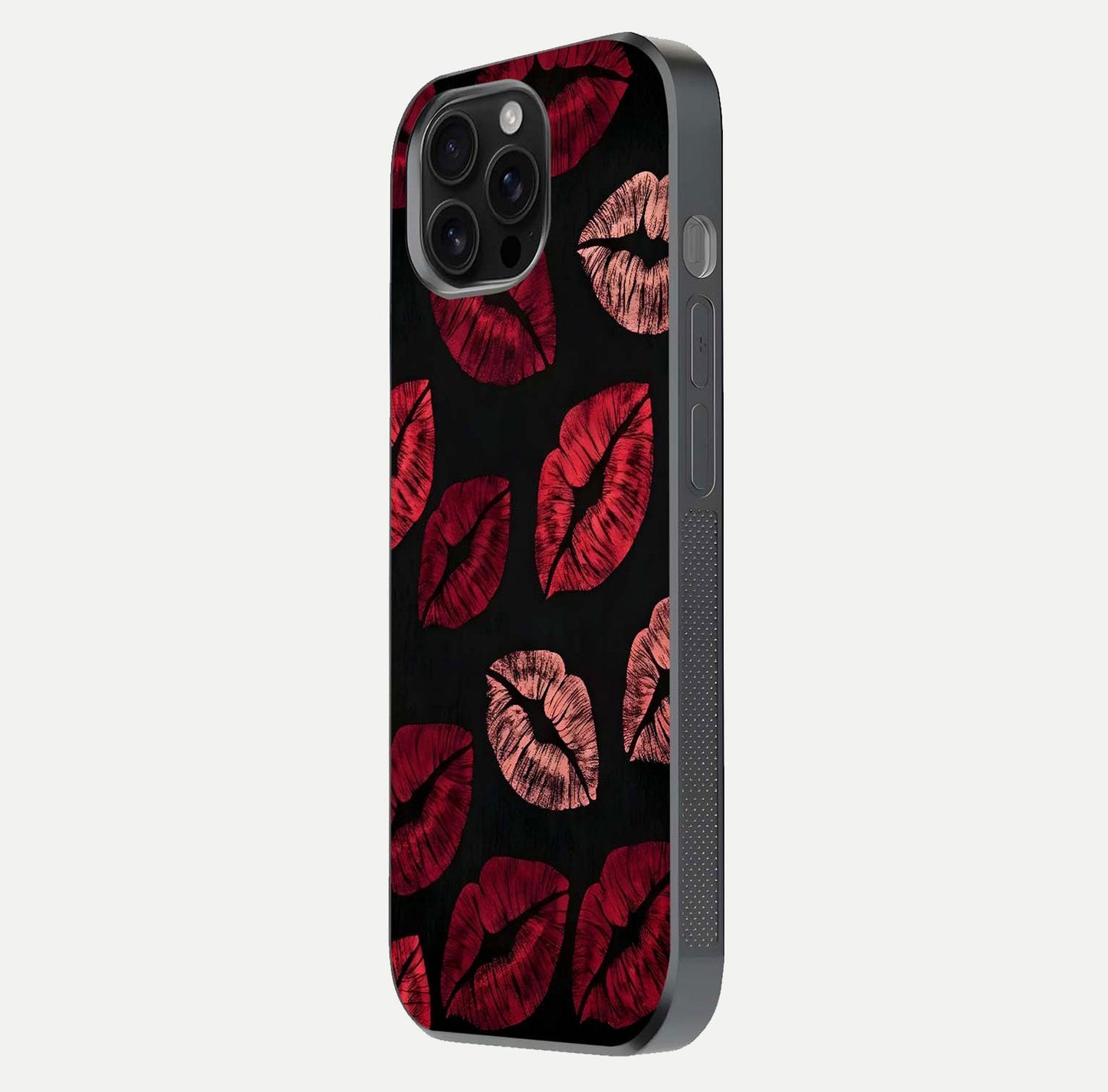 Midnight Kiss Love Glass Case for iPhone 16 Pro Max side-angle image revealing gloss texture and deep love motif