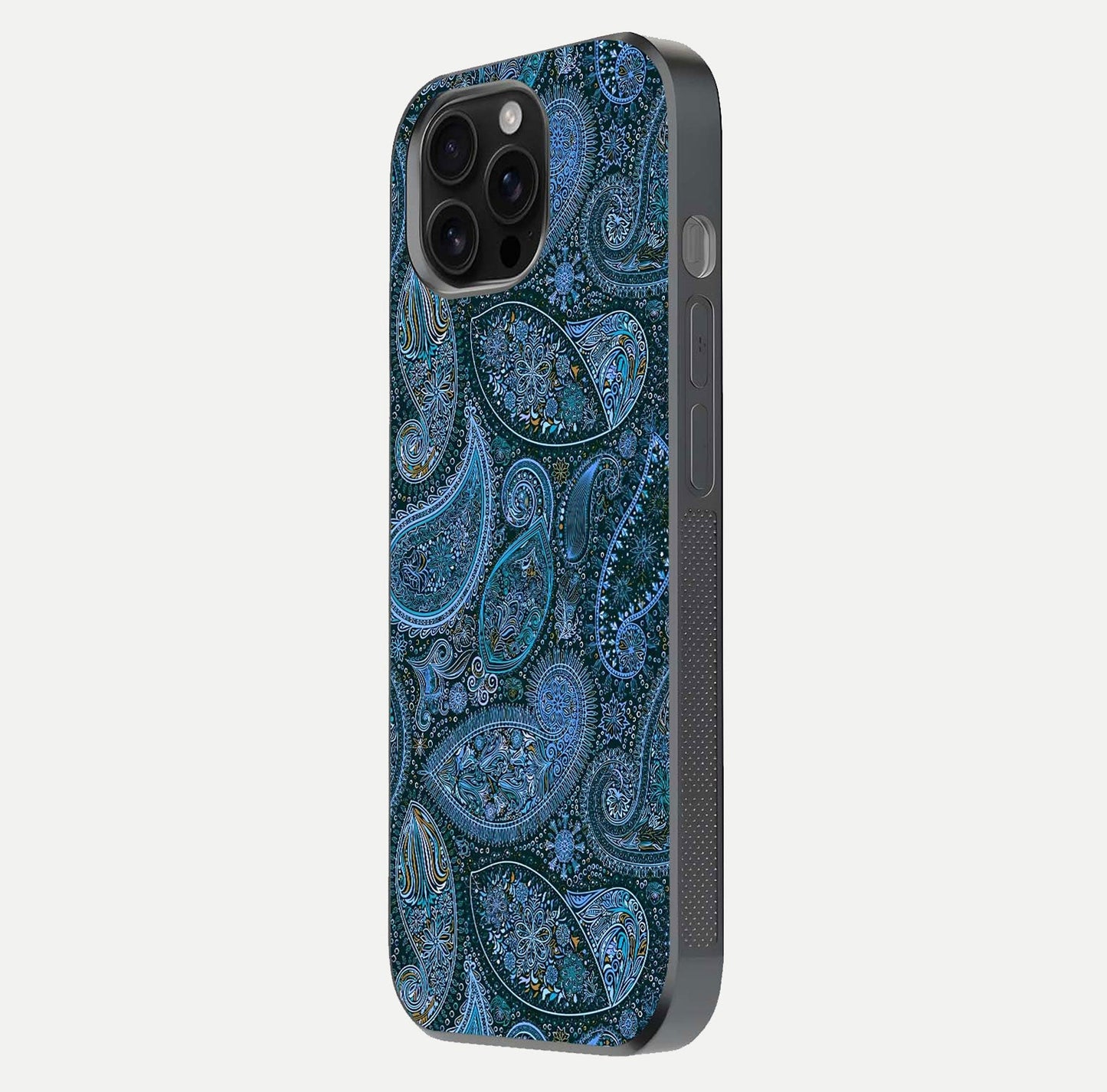 Midnight Paisley Glow Glass Case for iPhone 16 Pro Max side-angle image revealing reflective gloss and paisley art