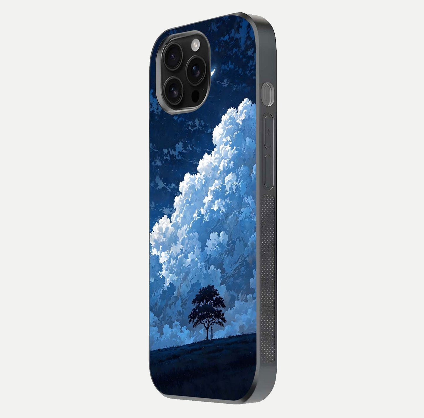 Midnight Sky Serenity Glass Case for iPhone 16 Pro Max side-angle image showing soft glow and smooth reflection