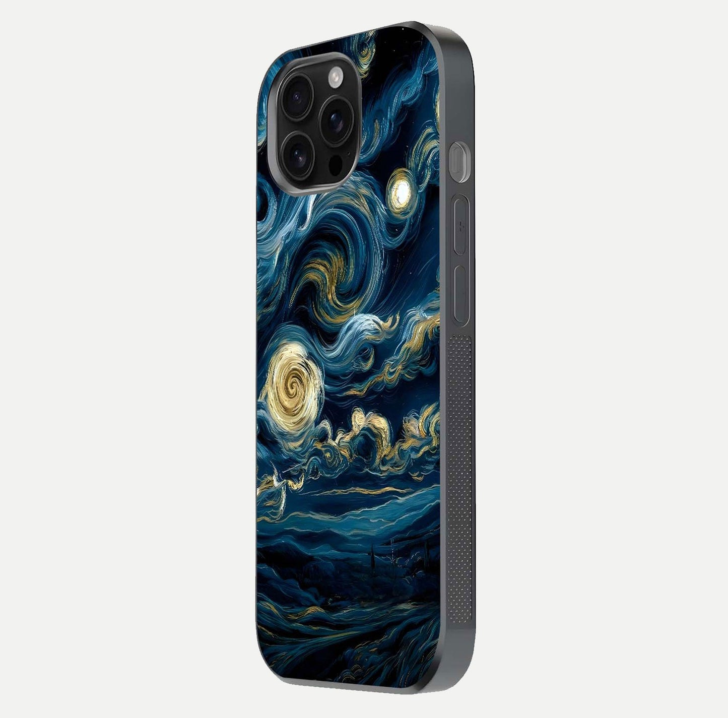 Midnight Sky Whirl Glass Case for iPhone 16 Pro Max side-angle image showing reflection depth and galaxy pattern