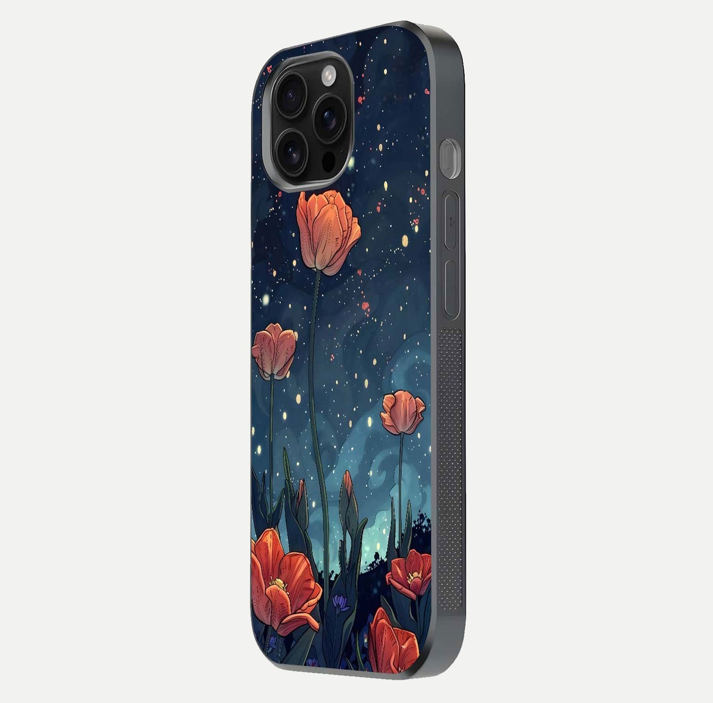 Midnight Tulip Glow Glass Case for iPhone 16 Pro Max side-angle image showing shine depth and flower artwork