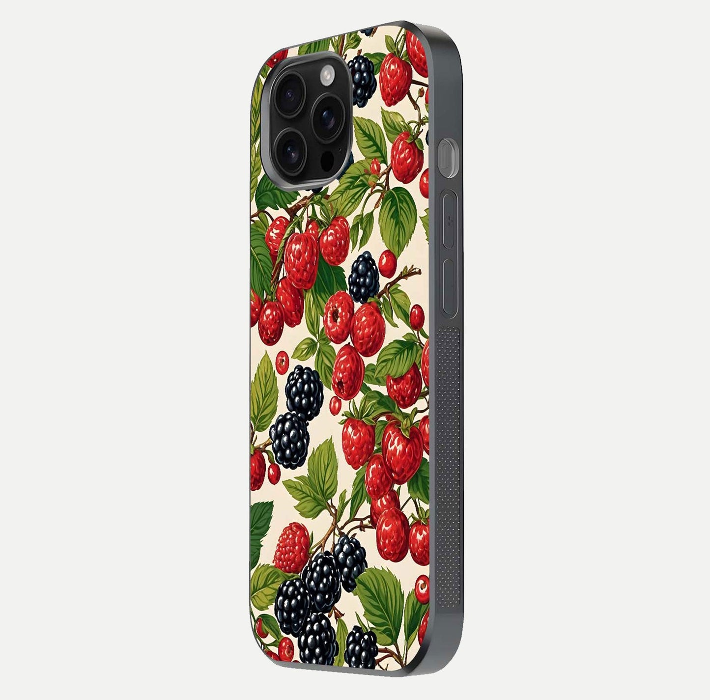 Mixed Berry Collage Glass Case for iPhone 16 Pro Max side-angle image showing reflection and HD fruit texture