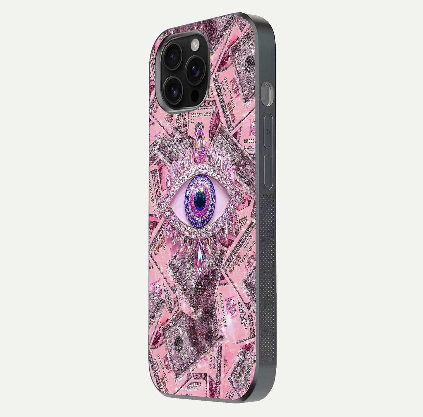 Money Eye Luxe Glass Case for iPhone 16 Pro Max side-angle image showing HD reflection and luxury print clarity