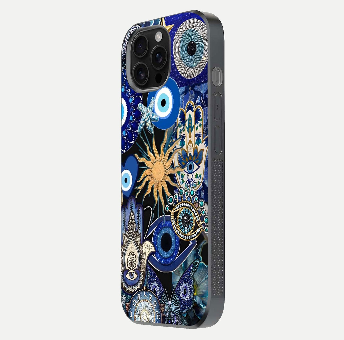 Mystic Blue Evil Eye Glass Case for iPhone 16 Pro Max side-angle image showing smooth gloss and charm design