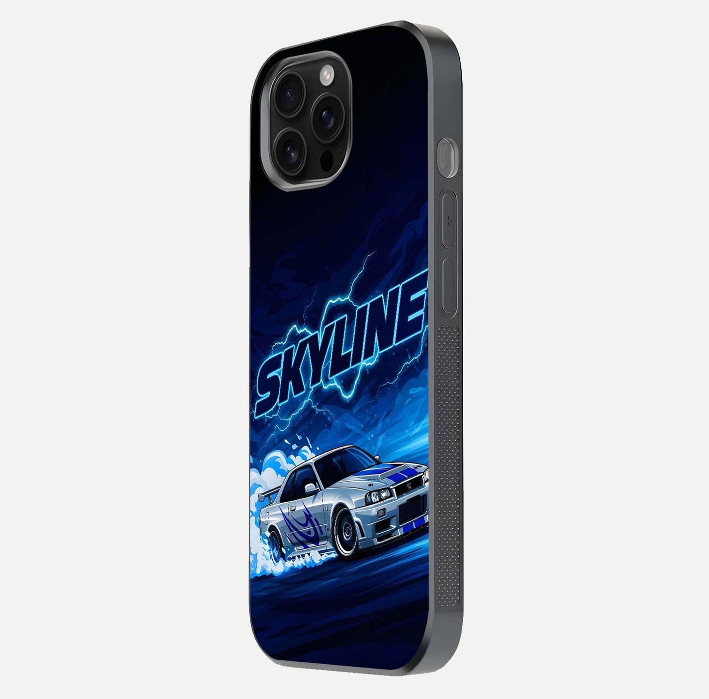 Neon Drift Beast Glass Case for iPhone 16 Pro Max side-angle image showing reflection depth and bold neon tones